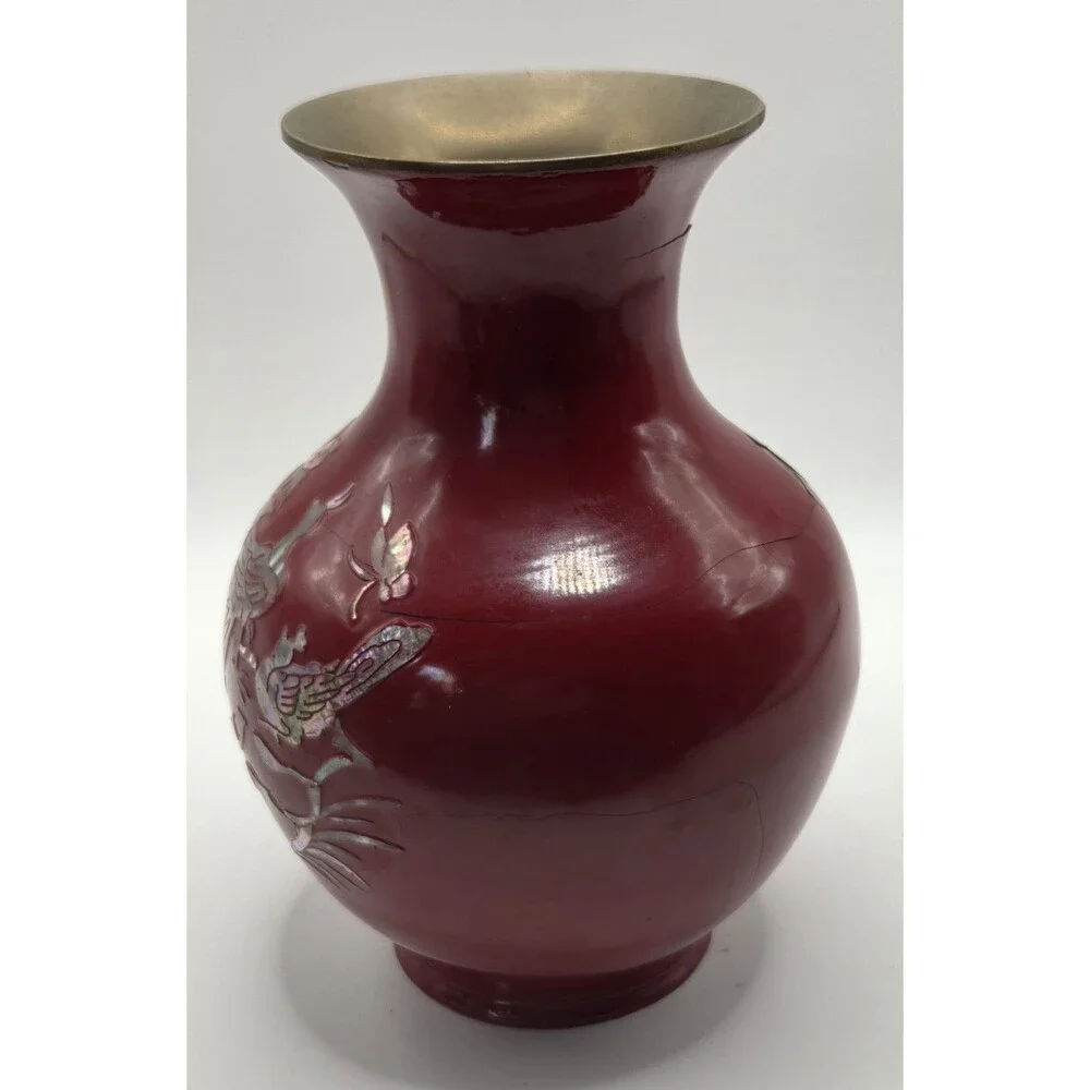 VTG Korean Najeonchilgi Red Lacquer Brass Vase Mother of Pearl Inlay Peacock